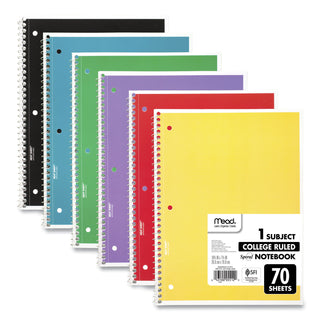 Mead® Spiral Notebook, 1 Subject, Medium/College Rule, Assorted Color Covers, 10.5 x 8, 70 Sheets, 6/Pack (MEA73065)