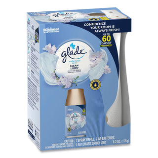 Glade® Automatic Air Freshener Starter Kit, Spray Unit and Refill, Clean Linen, 6.2 oz, 4/Carton (SJN329349)
