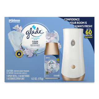 Glade® Automatic Air Freshener Starter Kit, Spray Unit and Refill, Clean Linen, 6.2 oz, 4/Carton (SJN329349)