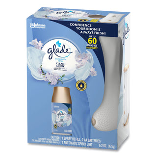 Glade® Automatic Air Freshener Starter Kit, Spray Unit and Refill, Clean Linen, 6.2 oz, 4/Carton (SJN329349)