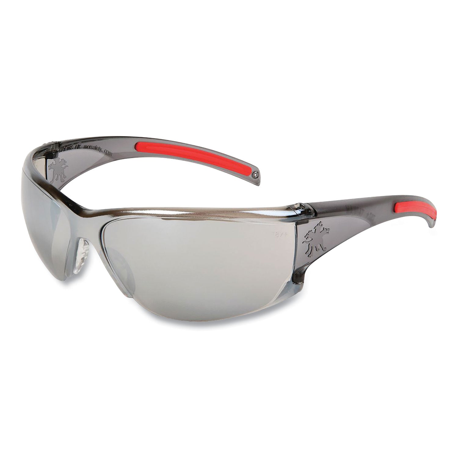 HK1 Series Safety Glasses, Wraparound, Scratch-Resistant, Silver Mirror Lens, Smoke/Red Frame HK1 Series Safety Glasses, Wraparound, Scratch-Resistant, Silver Mirror Lens, Smoke/Red Frame