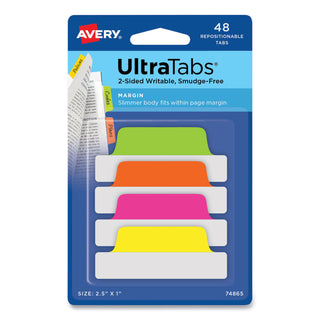 Avery® Ultra Tabs Repositionable Margin Tabs, 1/5-Cut Tabs, Assorted Neon, 2.5" Wide, 48/Pack (AVE74865)