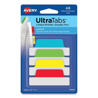 Avery® Ultra Tabs Repositionable Margin Tabs, 1/5-Cut Tabs, Assorted Primary Colors, 2.5" Wide, 48/Pack (AVE74866)