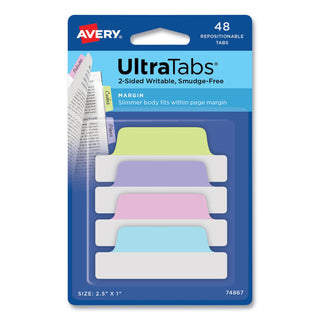 Avery® Ultra Tabs Repositionable Margin Tabs, 1/5-Cut Tabs, Assorted Pastels, 2.5" Wide, 48/Pack (AVE74867)