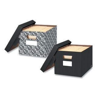 Bankers Box® STOR/FILE Decorative Medium-Duty Storage Box, Letter/Legal Files, 12.5" x 16.25" x 10.25", Black/Gray Pinstripe Design, 4/CT (FEL0029803)