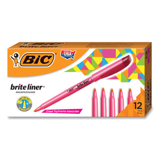 BIC® Brite Liner Highlighter, Chisel Tip, Fluorescent Pink, Dozen (BICBL11PK)