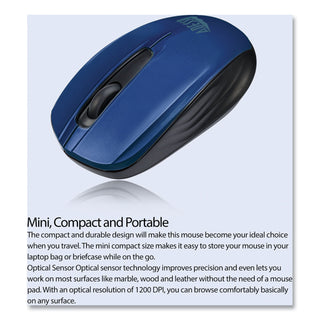 Adesso iMouse S50 Wireless Mini Mouse, 2.4 GHz Frequency/33 ft Wireless Range, Left/Right Hand Use, Blue (ADEIMOUSES50L)