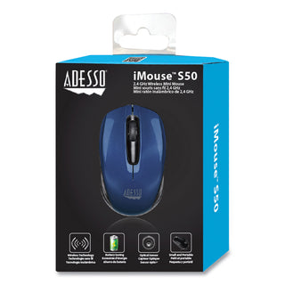 Adesso iMouse S50 Wireless Mini Mouse, 2.4 GHz Frequency/33 ft Wireless Range, Left/Right Hand Use, Blue (ADEIMOUSES50L)