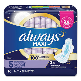 Always® Maxi Pads with Wings, Extra Heavy, Overnight, Unscented, Size 5, 20 Per Box (PGC17902PK)