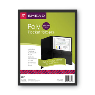 Smead™ Poly Two-Pocket Folder w/Security Pocket, 11 x 8.5, Black, 5/Pack (SMD87700)