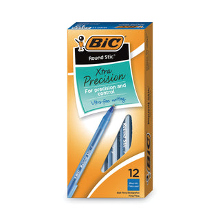 BIC® Round Stic Xtra Precision Stick Ballpoint Pen, .8mm, Blue Ink, Tran Blue Barrel, Dozen (BICGSF11BE)
