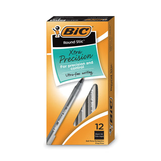 BIC® Round Stic Xtra Precision Stick Ballpoint Pen, 0.8mm, Black Ink, Smoke Barrel, Dozen (BICGSF11BK)