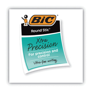 BIC® Round Stic Xtra Precision Stick Ballpoint Pen, 0.8mm, Black Ink, Smoke Barrel, Dozen (BICGSF11BK)