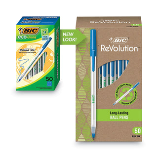 BIC® Ecolutions Round Stic Stick Ballpoint Pen, 1mm, Blue Ink, Clear Barrel, 50/Pack (BICGSME509BE)