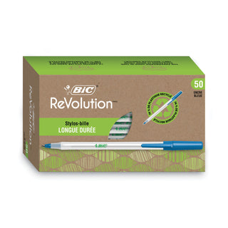 BIC® Ecolutions Round Stic Stick Ballpoint Pen, 1mm, Blue Ink, Clear Barrel, 50/Pack (BICGSME509BE)