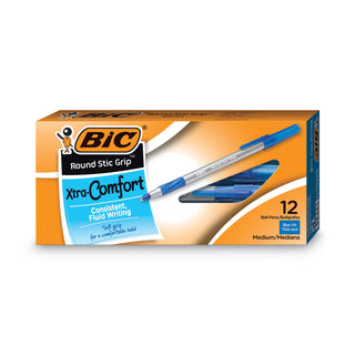 BIC® Round Stic Grip Xtra Comfort Stick Ballpoint Pen, 1.2mm, Blue Ink, Gray Barrel, Dozen (BICGSMG11BE)