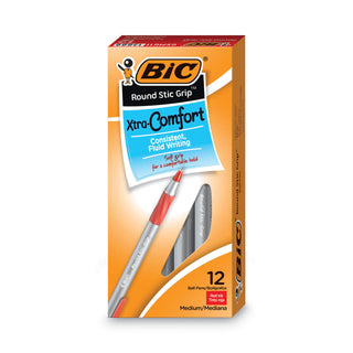 BIC® Round Stic Grip Xtra Comfort Stick Ballpoint Pen, 1.2mm, Red Ink, Gray Barrel, Dozen (BICGSMG11RD)