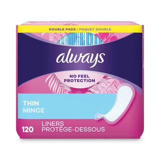 Always® Daily Panty Liners, Thin Regular, Unscented, 120 Per Box, 6/Case, 720 Total (PGC10796)