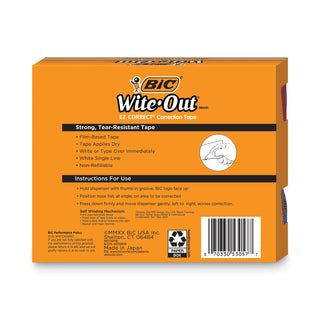 BIC® Wite-Out EZ Correct Correction Tape, Non-Refillable, 1/6" x 472", 18/Pack (BICWOTAP18)
