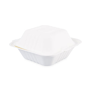 Boardwalk® Bagasse Food Containers, Hinged-Lid, 1-Compartment 6 x 6 x 3.19, White, Sugarcane, 125/Sleeve, 4 Sleeves/Carton (BWKHINGEWF1CM6)