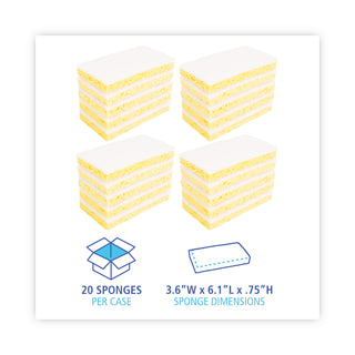 Boardwalk® Scrubbing Sponge, Light Duty, 3.6 x 6.1, 0.7" Thick, Yellow/White, Individually Wrapped, 20/Carton (PAD16320)