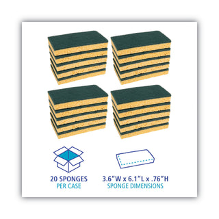 Boardwalk® Scrubbing Sponge, Medium Duty, 3.6 x 6.1, 0.75" Thick, Yellow/Green, Individually Wrapped, 20/Carton (PMP174)