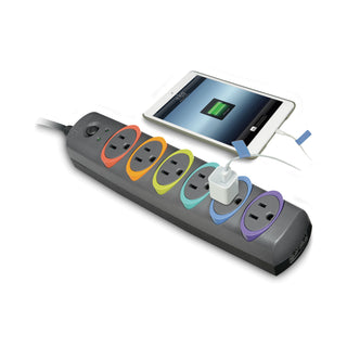 Kensington® SmartSockets Color-Coded Strip Surge Protector, 6 Outlets, 8ft Cord, 1260 Joules (KMW62144)