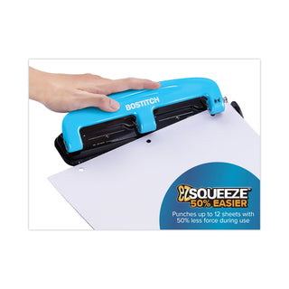 Bostitch® EZ Squeeze Three-Hole Punch, 12-Sheet Capacity, Blue/Black (ACI2103)