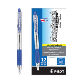 Pilot® EasyTouch Retractable Ballpoint Pen, Medium 1mm, Blue Ink, Clear Barrel, Dozen (PIL32221)
