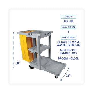 Boardwalk® Janitor's Cart, Plastic, 4 Shelves, 1 Bin, 22" x 44" x 38", Gray (UNSJCARTGRA)