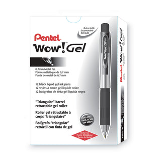 Pentel® WOW! Retractable Gel Pen, Medium 0.7 mm, Black Ink, Clear/Black Barrel, Dozen (PENK437A)