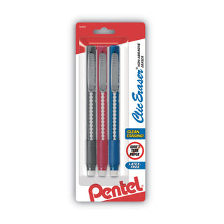 Pentel® Clic Eraser Grip Eraser, White Polyvinyl Chloride Eraser, Randomly Assorted Barrel Colors, 3/Pack (PENZE21BP3K6)