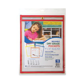 C-Line® Reusable Dry Erase Pockets, 9 x 12, Assorted Primary Colors, 10/Pack (CLI40610)