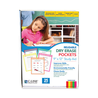 C-Line® Reusable Dry Erase Pockets, 9 x 12, Assorted Neon Colors, 25/Box (CLI40820)