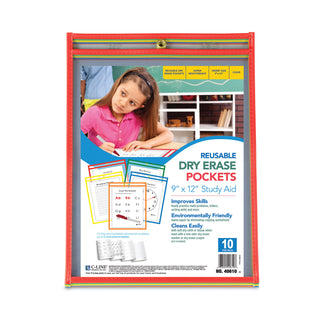 C-Line® Reusable Dry Erase Pockets, 9 x 12, Assorted Primary Colors, 10/Pack (CLI40610)