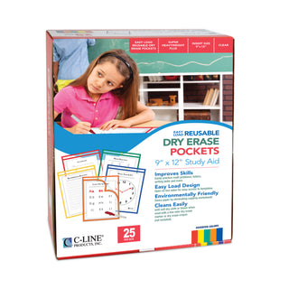 C-Line® Reusable Dry Erase Pockets, Easy Load, 9 x 12, Assorted Primary Colors, 25/Pack (CLI42620)