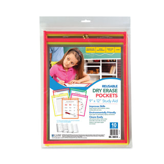 C-Line® Reusable Dry Erase Pockets, 9 x 12, Assorted Neon Colors, 10/Pack (CLI40810)