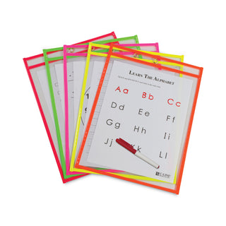 C-Line® Reusable Dry Erase Pockets, 9 x 12, Assorted Neon Colors, 10/Pack (CLI40810)