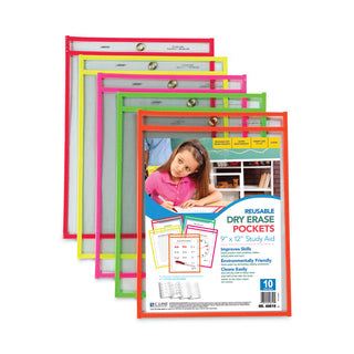 C-Line® Reusable Dry Erase Pockets, 9 x 12, Assorted Neon Colors, 10/Pack (CLI40810)
