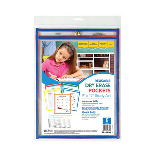 C-Line® Reusable Dry Erase Pockets, 9 x 12, Assorted Primary Colors, 5/Pack (CLI40630)