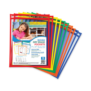 C-Line® Reusable Dry Erase Pockets, 9 x 12, Assorted Primary Colors, 10/Pack (CLI40610)