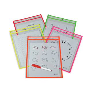 C-Line® Reusable Dry Erase Pockets, 9 x 12, Assorted Neon Colors, 25/Box (CLI40820)
