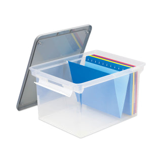 Storex Portable File Tote with Locking Handles, Letter/Legal Files, 18.5" x 14.25" x 10.88", Clear/Silver (STX61530U01C)