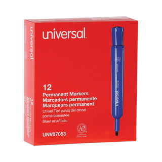 Universal® Chisel Tip Permanent Marker, Broad Chisel Tip, Blue, Dozen (UNV07053)