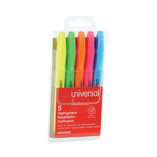 Universal® Pocket Highlighters, Assorted Ink Colors, Chisel Tip, Assorted Barrel Colors, 5/Set (UNV08850)