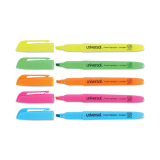 Universal® Pocket Highlighters, Assorted Ink Colors, Chisel Tip, Assorted Barrel Colors, 5/Set (UNV08850)