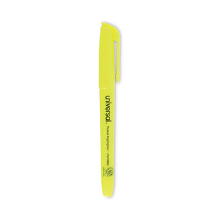 Universal® Pocket Highlighters, Fluorescent Yellow Ink, Chisel Tip, Yellow Barrel, Dozen (UNV08851)