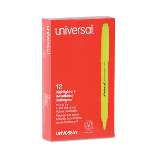 Universal® Pocket Highlighters, Fluorescent Yellow Ink, Chisel Tip, Yellow Barrel, Dozen (UNV08851)