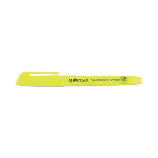 Universal® Pocket Highlighters, Fluorescent Yellow Ink, Chisel Tip, Yellow Barrel, Dozen (UNV08851)