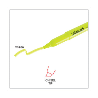 Universal® Pocket Highlighters, Fluorescent Yellow Ink, Chisel Tip, Yellow Barrel, Dozen (UNV08851)